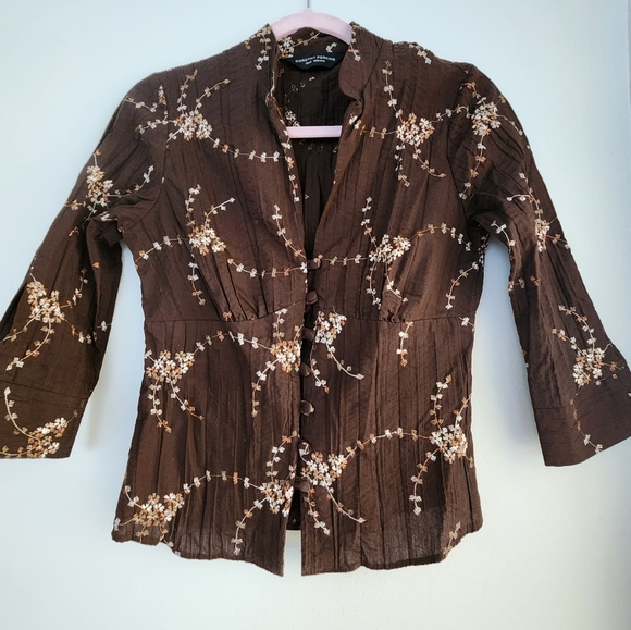 Dorothy Perkins Brown Embroidered Blouse Size UK 12/US 14 - Fitted & Elegant - Picture 1 of 8